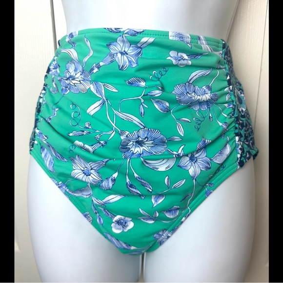 LANDS END Retro High Waisted Swimsuit Bottoms Briefs Green Floral Medallion Geo - Picture 8 of 9